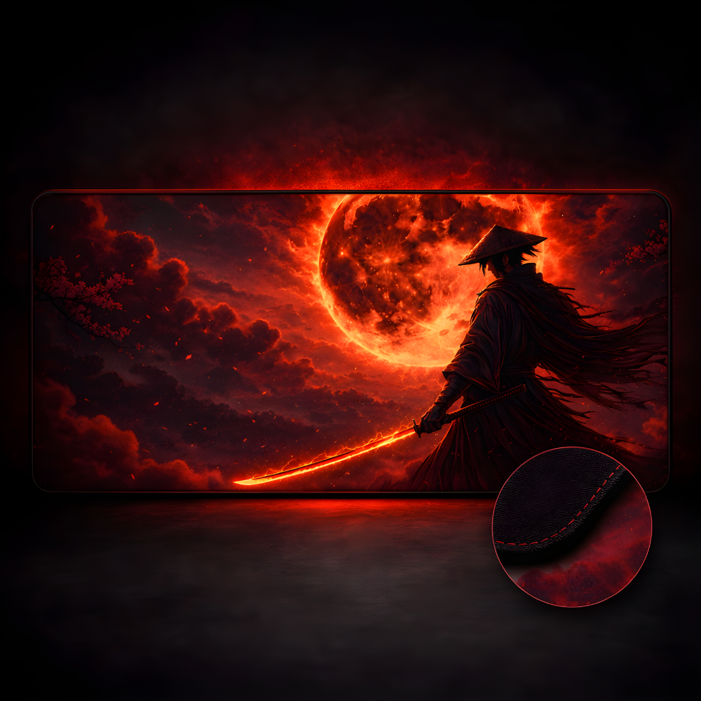 Samurai Red Moon – 16x32 Extended Desk Mat – Origin Play Studio