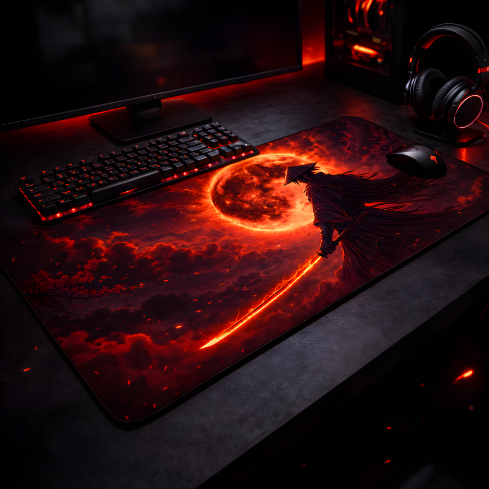 Samurai Red Moon – 16x32 Extended Desk Mat – Origin Play Studio